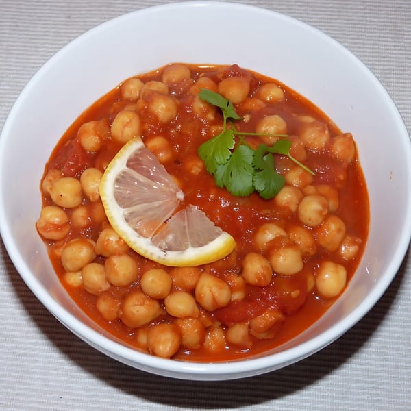 A white bowl of Indian chickpea curry with a lemon slice and cilantro garnish.